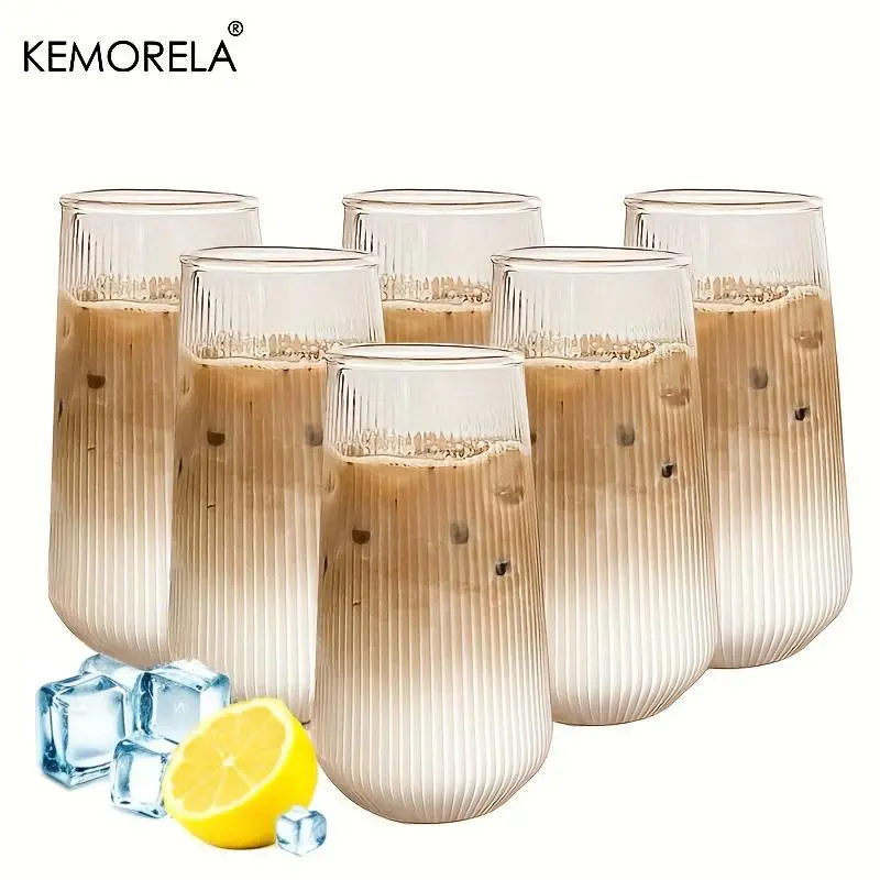 Vertical Striped Clear Durable Glass Cup, 4/6 Counts Heat-resistant Premium Drinking Glasses Water Cup for Milk, Ice Coffee, Beverage, Drinkware for Home & Office, Kitchen Drinkware Cups, Kitchenware, Glass Cup Set, Iced Coffee Glasses