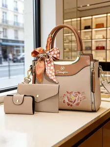 Floral Embroidered Casual Handbag Set for Women, Solid Color 2-Piece Bag, Commuter Bag, Commuter Purse, Everyday Outing Bag, Date Bag, Valentine's Day Gift for Girlfriend, Mother's Day Gift for Mom