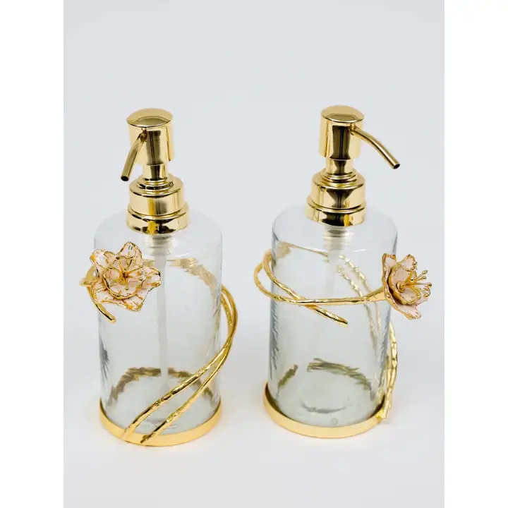 Gold Glass Soap & Lotion Dispenser w/Pomegranate Bloom Décor