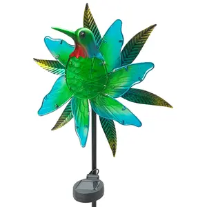 Livfineseason Hummingbird Wind Spinner Garden Decor, Metal Wind Spinner Lights Outdoor Solar Garden Decor, Lighted Pathway Yard Spinner Wind Sculpture, Solar Powered Path Lights Kinetic Wind Catcher for Outside