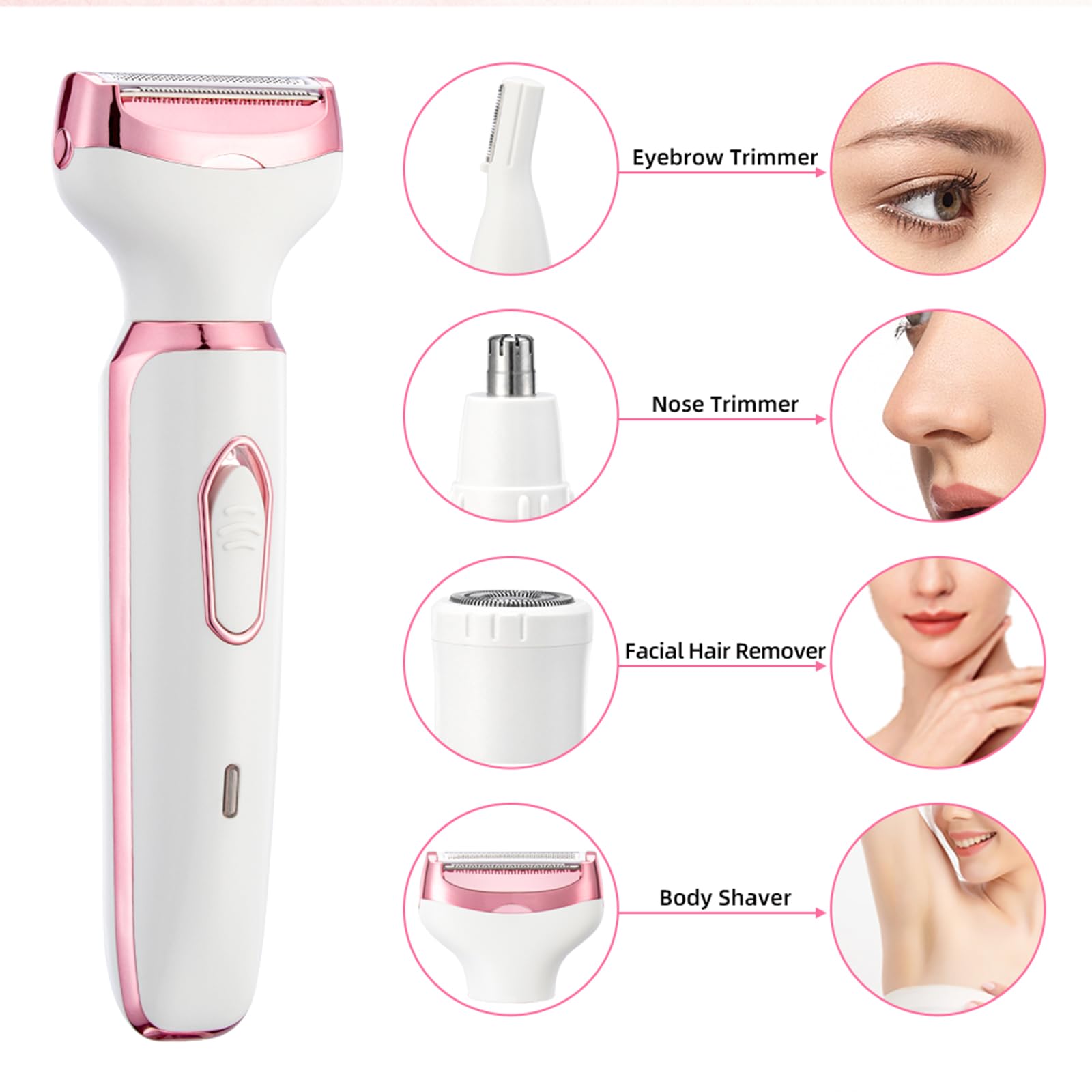 Women's Electric Shaver - 4-in-1 Waterproof Bikini Trimmer & Body Hair Remover, Painless Pubic Underarm Leg Hair Removal, Eyebrow Nose Trimmer Attachment, USB Rechargeable Cordless Razor for Sensitive Areas, Smooth Shaving Gift Kit