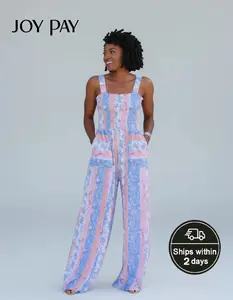 JOYPAY Women's Stretchy Fitted Bohemian Print Sleeveless Smocked Bodice Wide Leg Overalls with Pockets, Colorful Patchwork, Everyday Summer Beach Casual