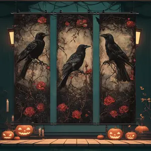 Halloween Themed Hanging Scroll Painting, 3 Counts/set Dark Horror Raven Pattern Wall Art, Wall Decor for Home Living Room Bedroom