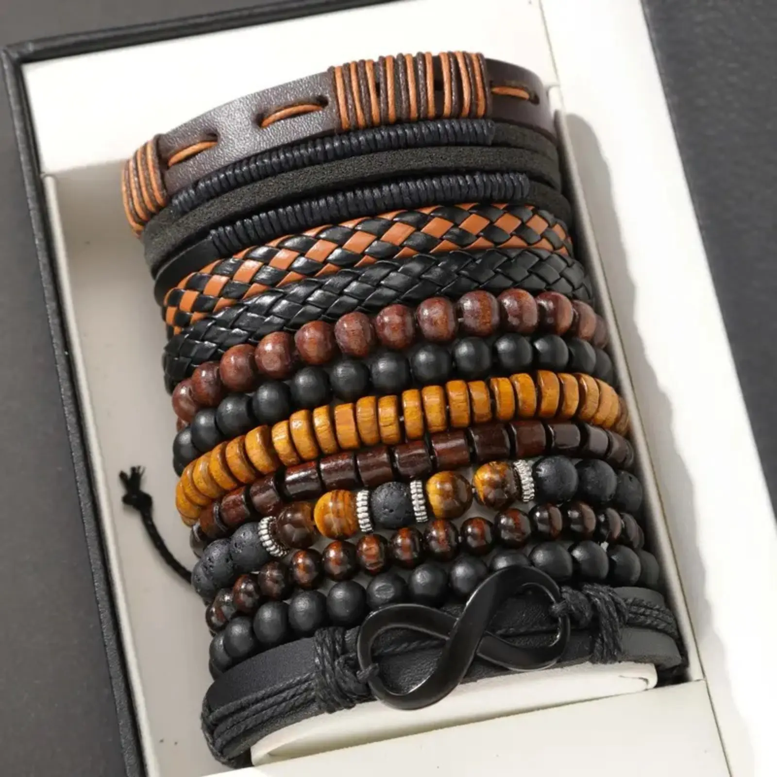 Unisex 12-Piece Vintage Woven Faux Leather Beaded Bracelet Set - Adjustable Beaded Design with Tiger's Eye, Moonstone Beads for Casual Party, Outdoor Sports (Box Not Included), Multicolor Sports Wristband