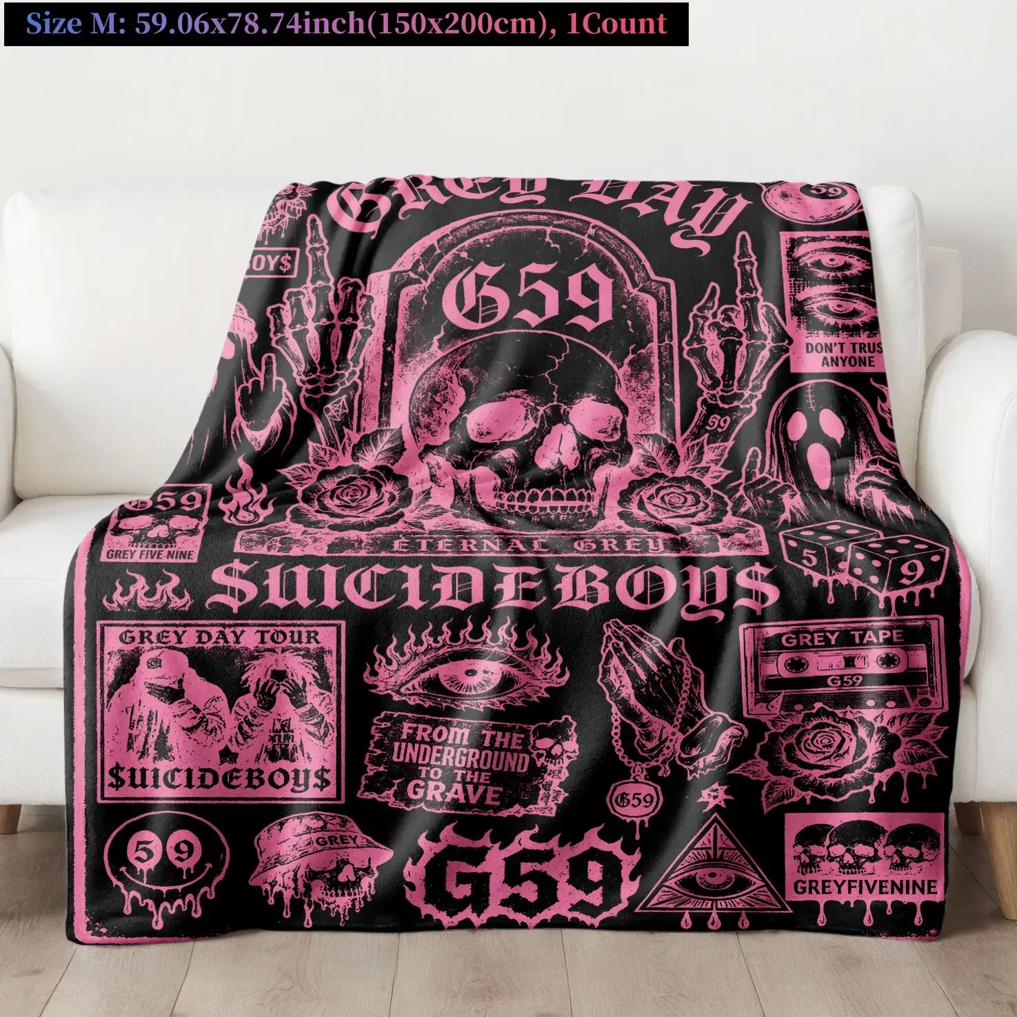 G59 Suicideboys Inspired Fleece Blanket, Underground Rap Skull & Tombstone, Cozy Gothic Emo Decorative Blanket Room Decor, Unique Gift for Rap Music Lovers