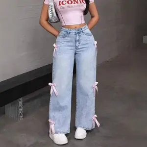 Y2K Bow Loose Straight Jeans Denim Women's High-Waisted Light-Wash with Pink Satin Ribbon Bows, Comfortable Relaxed Fit for Streetwear - Womenswear, Bottom, Chunky