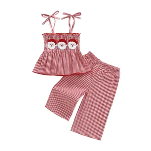 REDWOON Christmas Outfit Toddler Girl Santa/Gingerbread Man Shirt Smocked Spaghetti Strap Tanks Linen Pants Cute Christmas Clothes