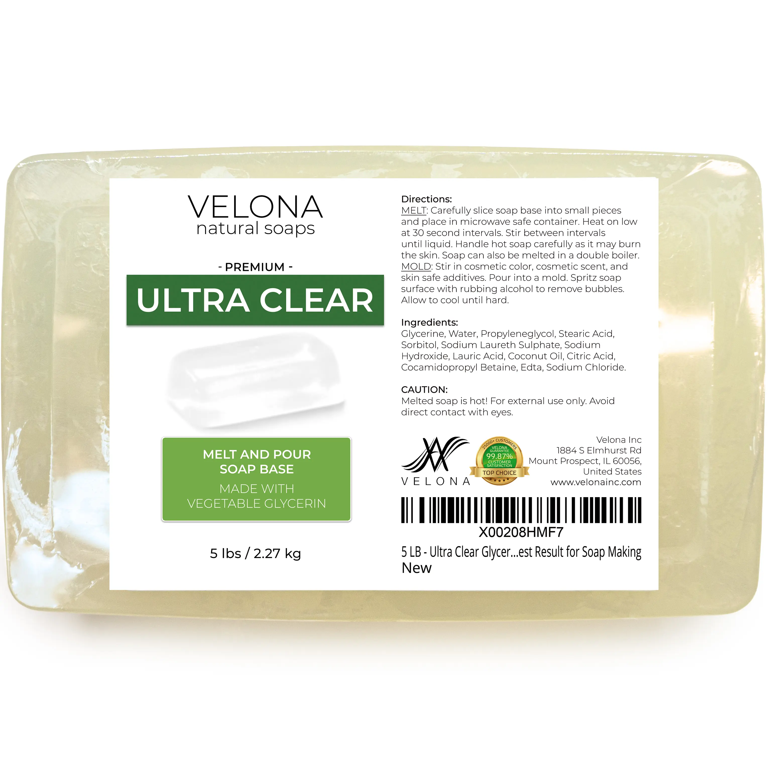 5 LB - Ultra Clear Glycerin Soap Base by Velona | Melt and Pour | Transparent Natural Bar For The Best Result for Soap Making