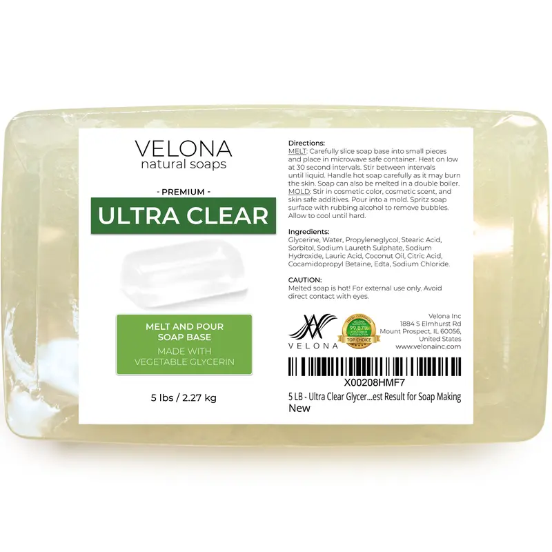 Velona 5 LB (2.27 kg) Ultra Pure Glycerin Soap Base - Melt & Pour Solid Bar Cleanser, Cruelty-Free, Scent-Optional, 24-Month Satisfaction Guarantee, Adult All-Skin Body Care, Birthday Thank You Custom Gift