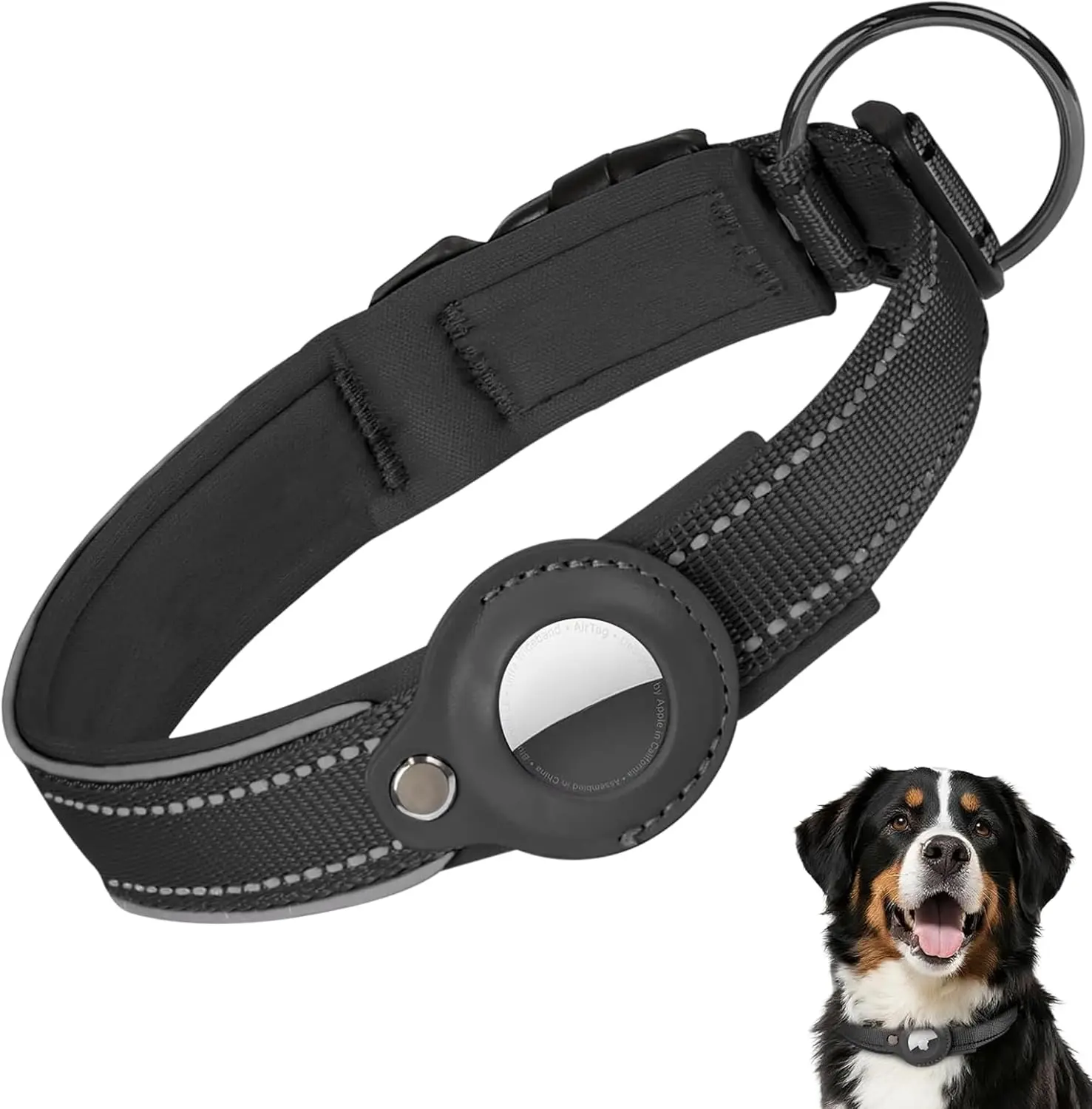 Airtag Dog Collar Padded Reflective Pet Collar with Quick Release Buckle for Medium/Large Dogs (Black, XL - 1" (19"-22"))