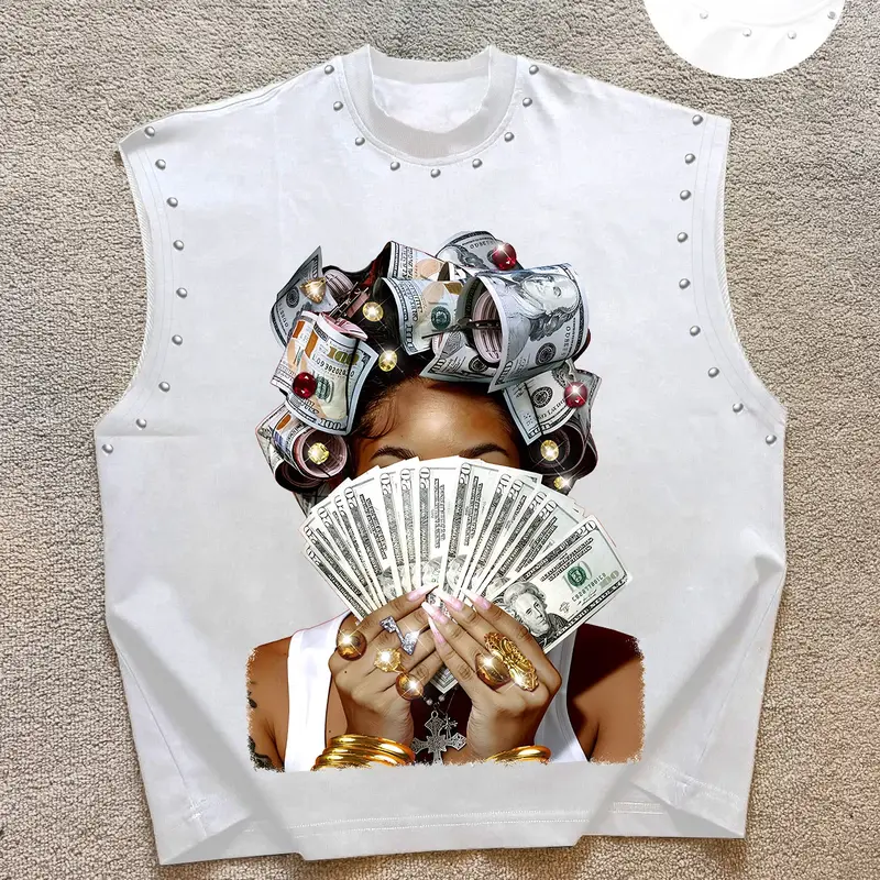 Men's Casual Sleeveless Vest, Trendy Money Graphic Print, All-Season Fitted Tank Top for Daily Wear, Sleeveless Tops