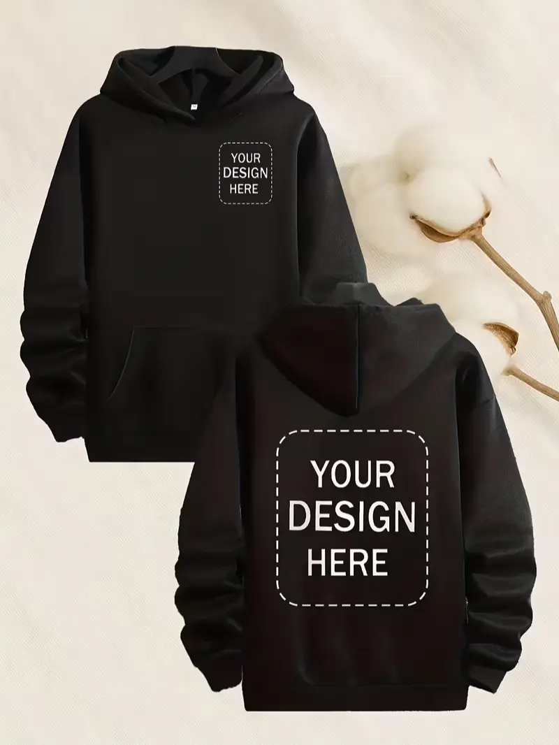 Customizable Men's Hoodie - Personalized Logo, Loose Fit Drop Shoulder Design, Black Casual Sport Sweatshirt with Pockets, Perfect for Team Or Family Gifts, Functional Pockets, Christmas & Birthdays (Men & Women)