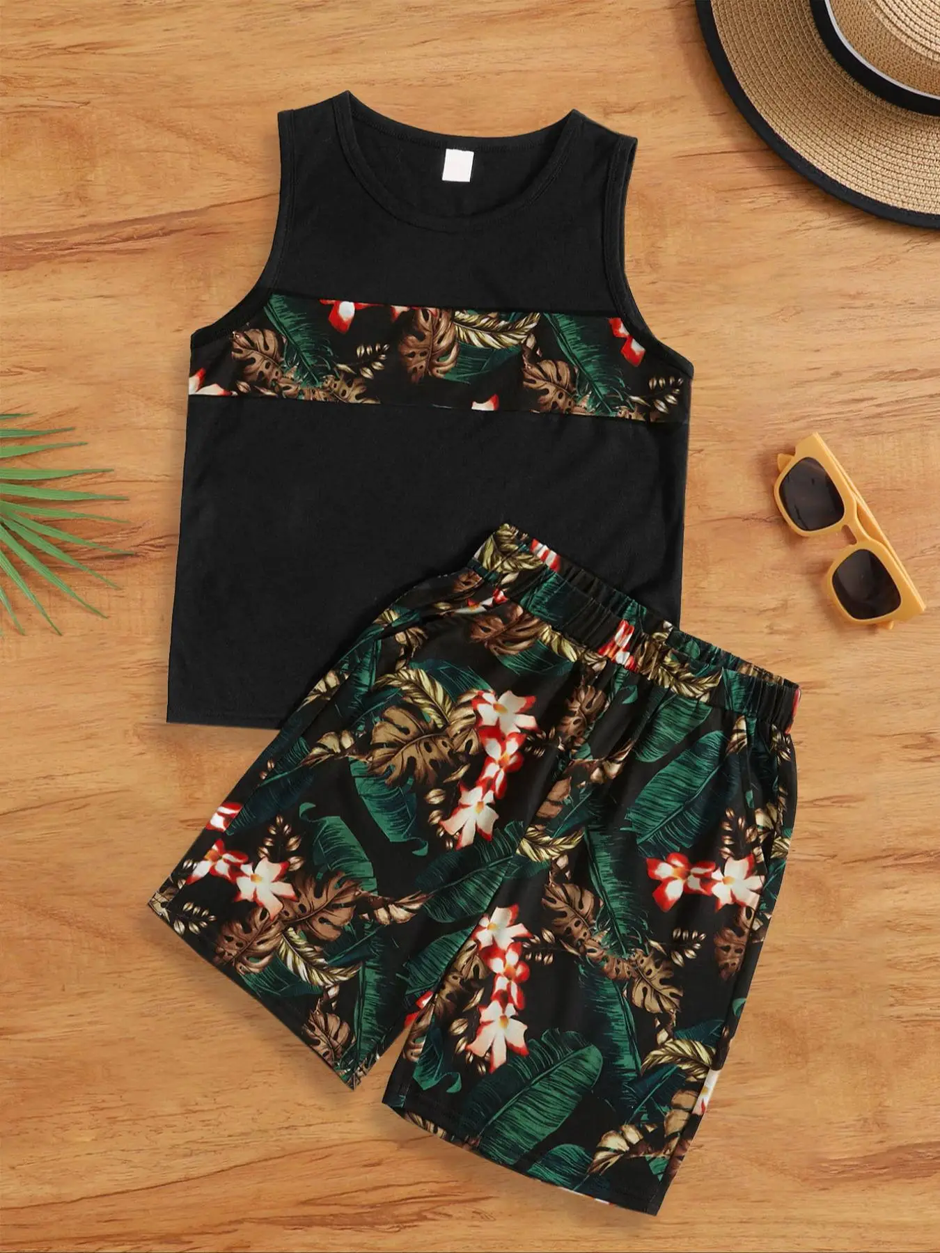 Two-piece Set Boy's Tropical Print Tank Top & Shorts Co-ord Set, Casual Sleeveless Top & Shorts for Summer, Kids Clothes for Daily Wear, Cute Clothes
