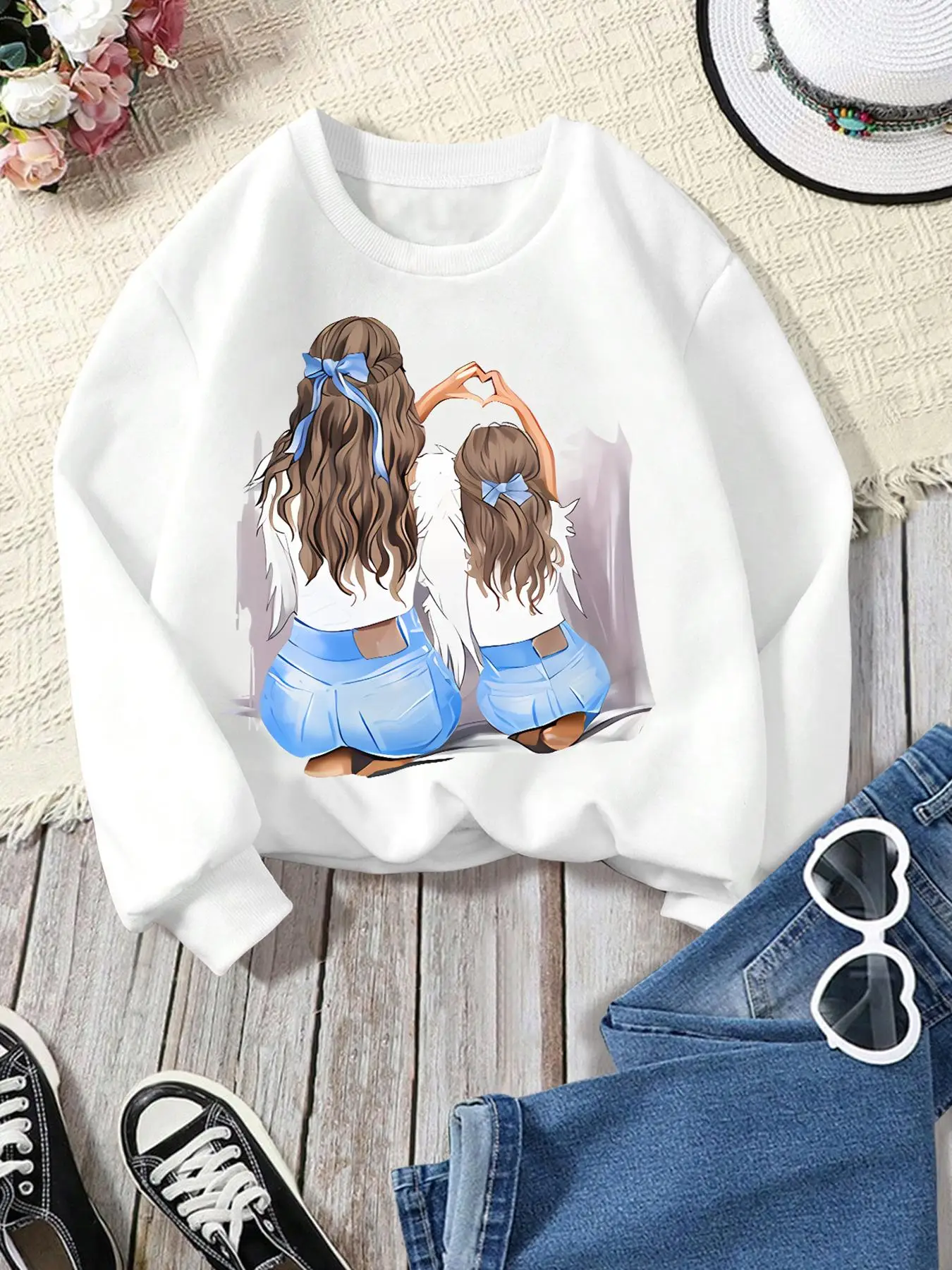 Girl's Cartoon Print Drop Shoulder Thermal Lined Sweatshirt, Casual Long Sleeve Round Neck Pullover for Fall & Winter, Kids Clothes for Daily Wear