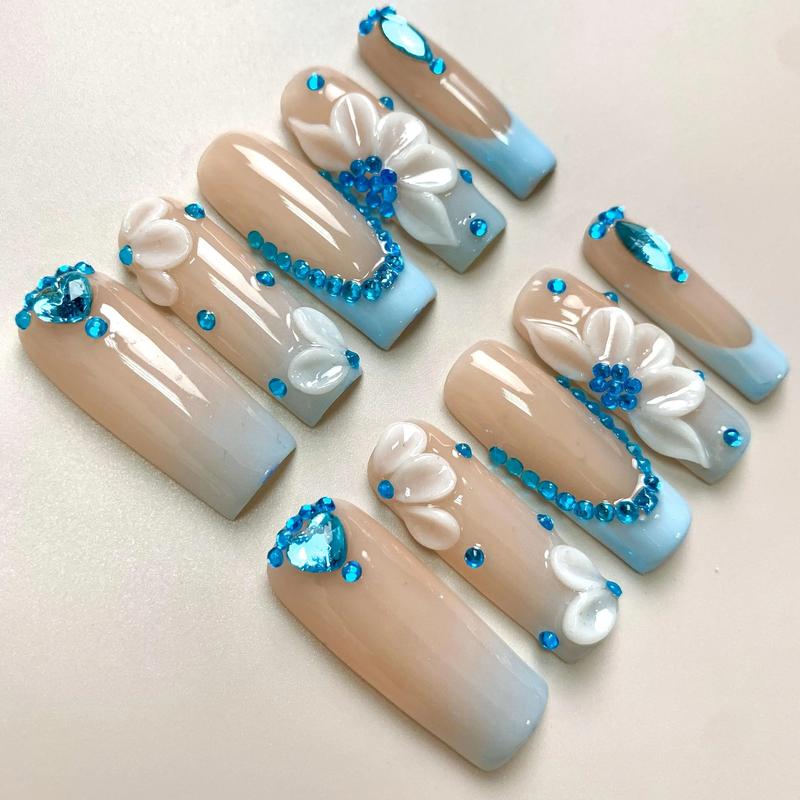 Soluxe Nails - Nude Ombre & Sky Blue Floral Soft Gel Press On Nails, Handmade Luxury Coffin Set, Elegant Floral Design, Chic Modern Manicure Style