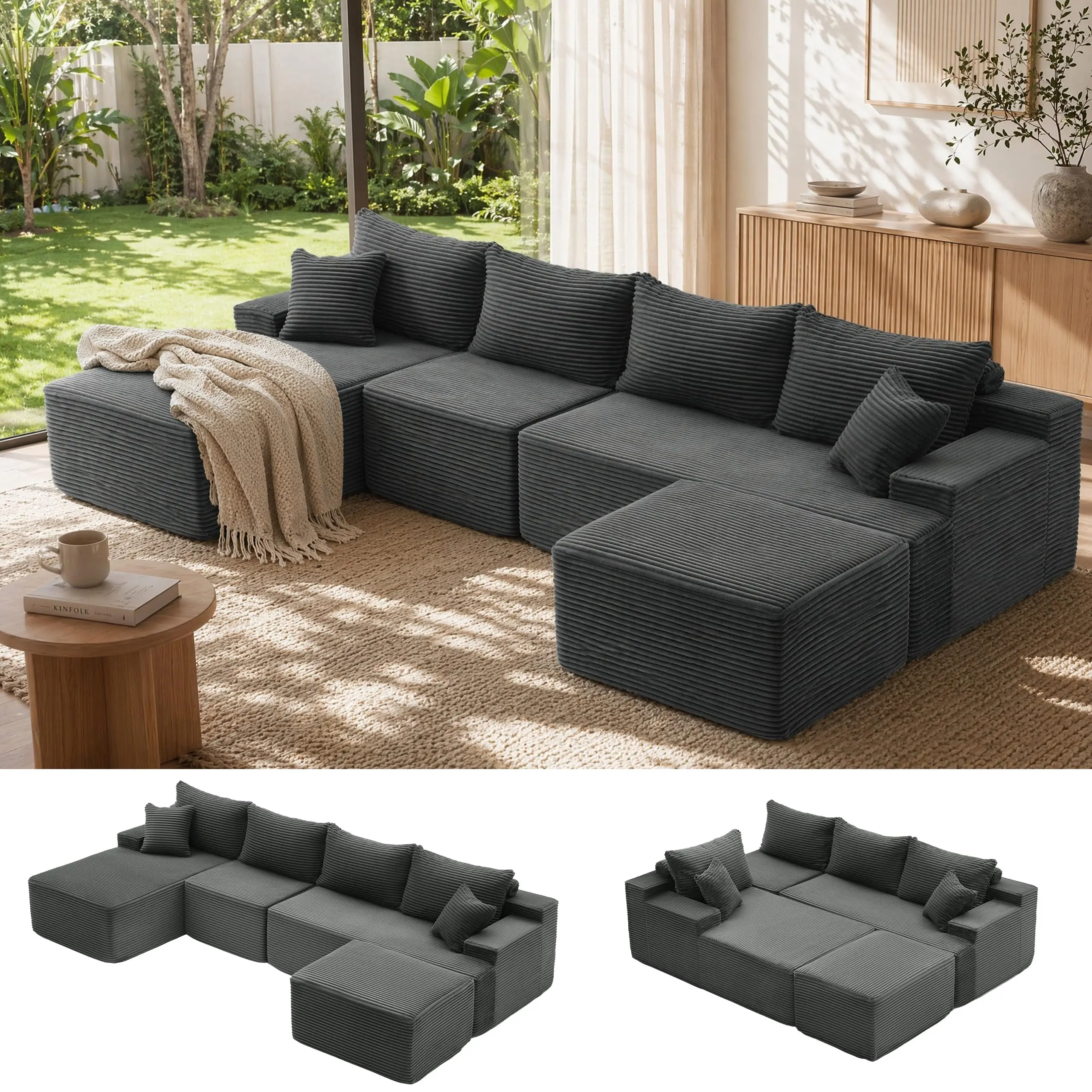 【2 Packages】118" U-Shaped Boneless  Sectional Sofa bed with 2 Pillows, 6-Seater Oversized Modular Couch, Comfy Corduroy Cloud Sofa with Deep Seat, Fluffy Cozy Sofa for Living Room, No Assembly Required