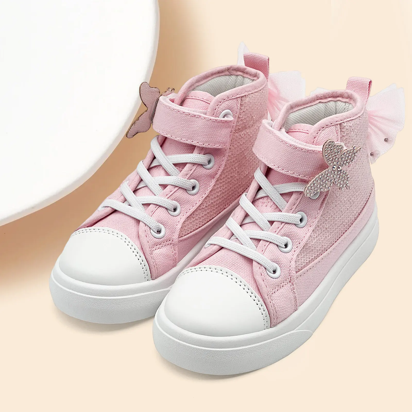 Lumubby Girly Trendy High-Top Sneakers for Girls - 4-5 Years, Round Toe, Sparkle Sequins, Butterfly Print, Sparkly Bow Detail, Rubber Sole Casual Walking Footwear for Activities