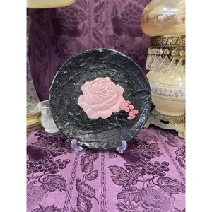 Hand Painted Textured Decorative Plate Black & Pink Rose Display Or Wall Hanging