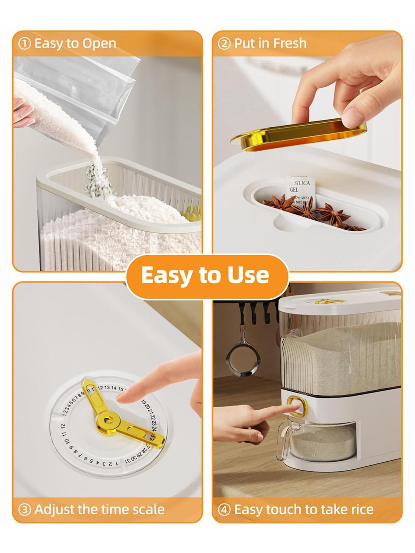 Mothers Day Gift 5kg 10kg Clear Rice Dispenser Large Cereal Container with Lid Time Scale Measuring Cup Moisture Proof Airtight Food Storage Bucket for Rice Corn Coffee Beans Grains Soybeans Oatmeal Home Kitchen Organizer