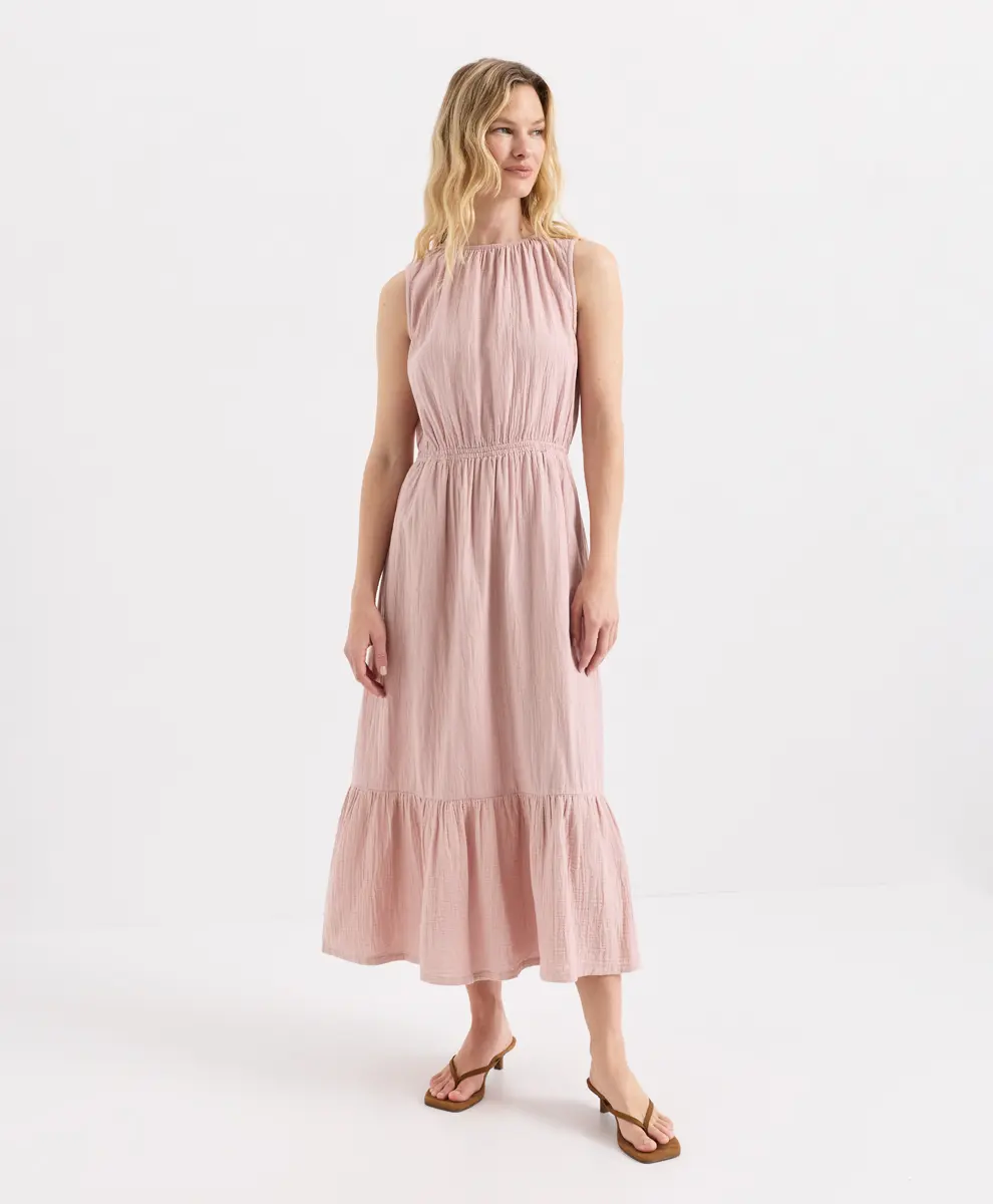 Women's Organic Coastal Double Gauze Tiered Midi Dress