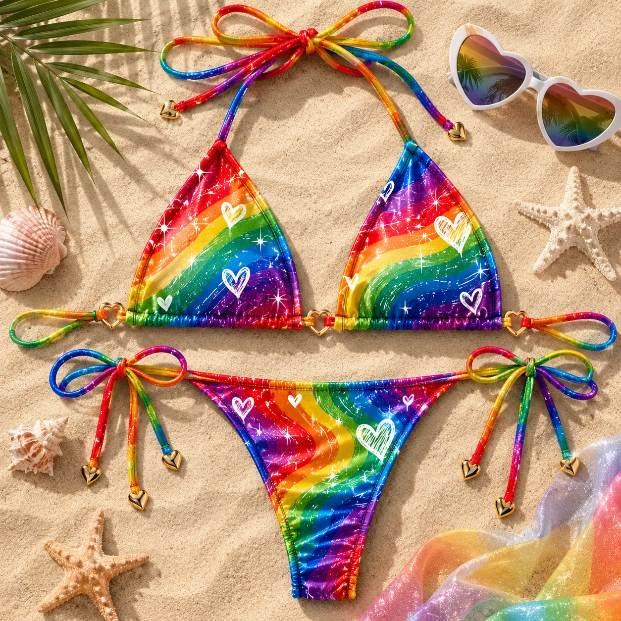 Rainbow Pride String Bikini Set with Matching Hawaiian Shorts – LGBTQ Beach Outfit, Pride Parade Swimwear, Summer Festival Vacation Wear
