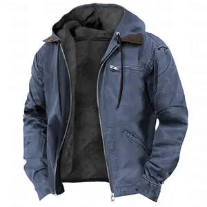 Solid Color Hooded Cotton Jacket Casual Men's Fleece Lined Zipper Pocket Jacket Coat