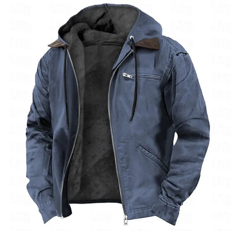 NewSolid Color Hooded Cotton Jacket Casual Men's Fleece Lined Zipper Pocket Jacket Coat