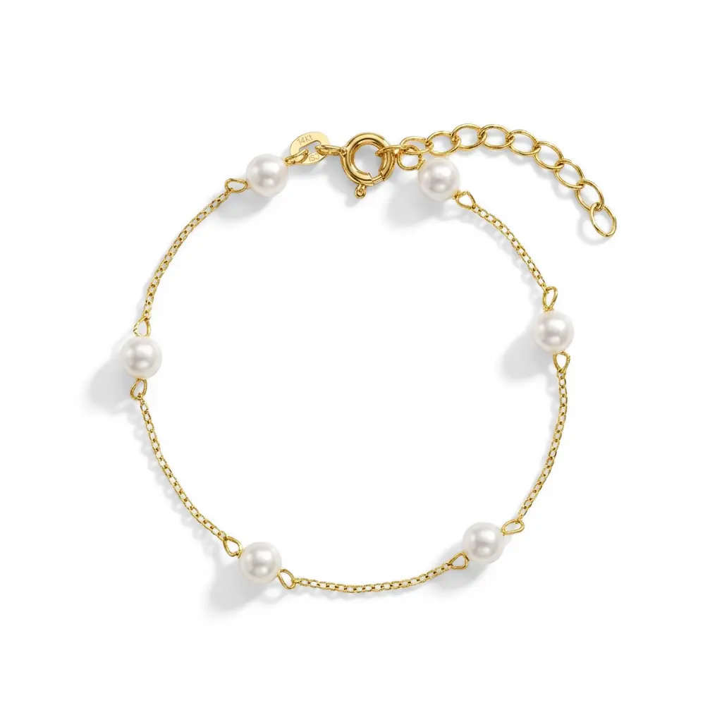 IN SEASON JEWELRY 14 Karat Gold Pearl Beaded Bracelet for Kids, 5-6 in Freshwater Cultured Pearl, Dainty Gold Kids Bracelets & Bangles
