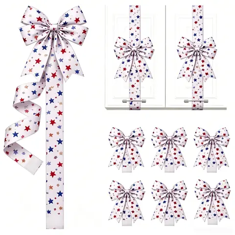 Patriotic Bow Wreath - Festival Style Door Hanger for Cabinet Doors, 79in x 2.4in Polyester Fiber, Lime & Red Fringe, Large Bow, Hanging Festive Decor (No Batteries Needed) for Independence Day, Memorial Day