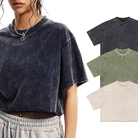 MaLinfandor Women's 3-Pack Oversized Cropped Vintage Cotton T-Shirts - Short Sleeve Acid Wash Grunge Tops, Casual Chic Streetwear, Basic Cute Shirts, Clothes for Women