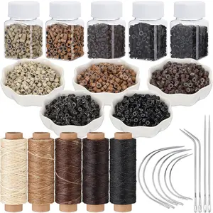 2500 count Hair Extensions  Rings Links Beads and 5 Rolls Extensions Sewing Thread and 10 count C/J/I  Kit for Human Hair Hand Sewing Wig DIY Craft