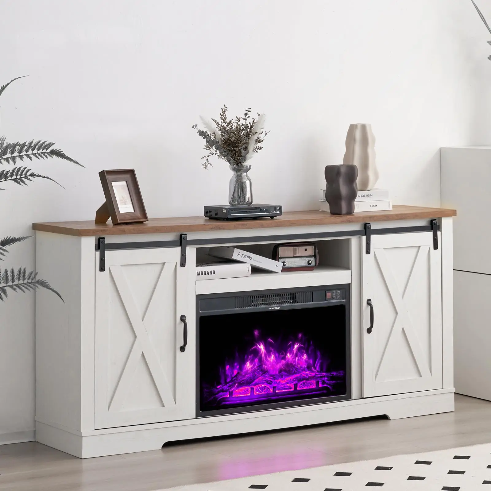 [Ships in 2 Boxes] AMERLIFE TWO Size Fireplace TV Stand Sliding Barn Door Wood Entertainment Center with an Electric Fireplace Insert, Modern Farmhouse Storage Cabinet Console, 59" TV Stand for TVs Up to 65",63" TV Stand for TVs Up to 73"