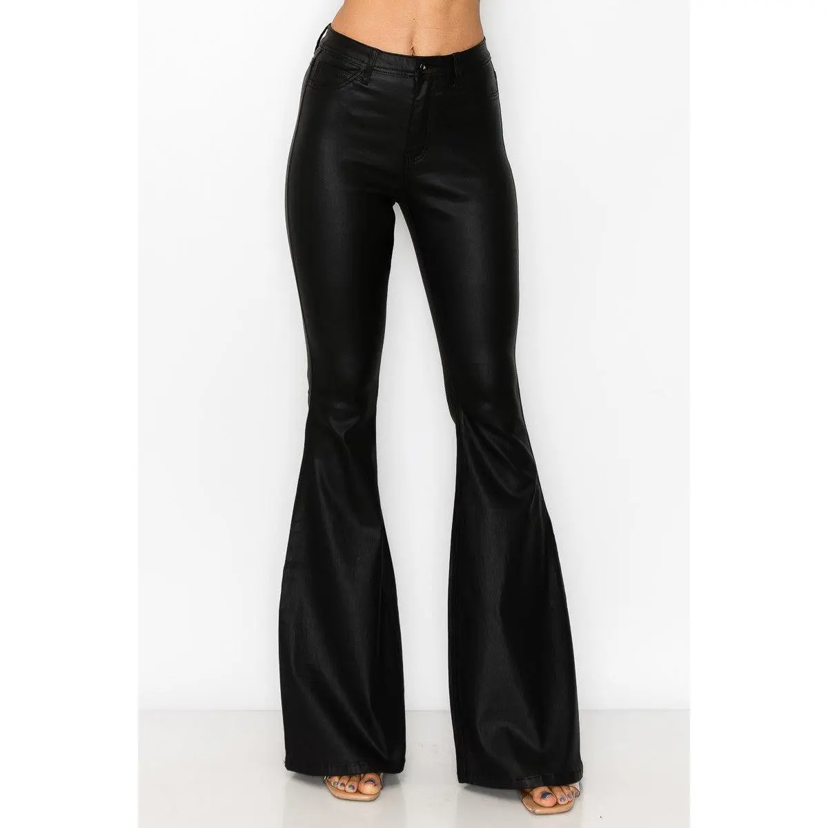JCJQ Jeans High Waist Black Coated PU Super Bell Bottom Pants — Glam Coated Stretch with Bell Bottom Silhouette
