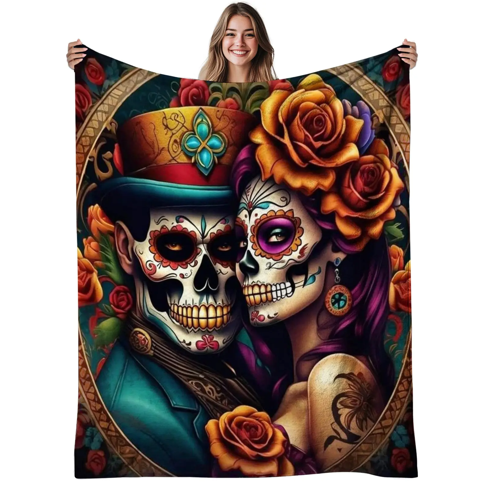 1pc Mexican Folk Art Sugar Skull Couple Flannel Blanket - 280gsm Flannel Fabric, Soft Warm All-Season Bedspread with Calavera, Marigold & Lace-Like Print for Día de los Muertos, Sofa or Bed Decor, Soft Warmth, Decorated Flannels