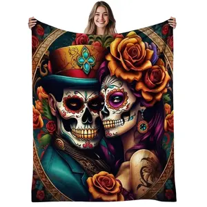 1pc Mexican Folk Art Sugar Skull Couple Flannel Blanket - 280gsm Flannel Fabric, Soft Warm All-Season Bedspread with Calavera, Marigold & Lace-Like Print for Día de los Muertos, Sofa or Bed Decor, Soft Warmth