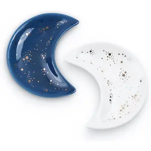 Natubeau 2 Pcs Small Moon Jewelry Dish Tray, Decorative Ceramic Trinket Dish Accent Tray for Vanity Birthday Christmas Thanksgiving Gifts for Women Friends Sister BFF Bestie NatuBeau