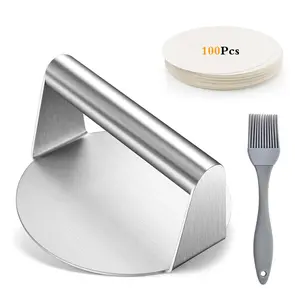 Stainless Steel Burger Press with 100pcs Patty Paper & Silicone Brush, Non-stick Hamburger Mold, Meat Beef Cheese Veggie Burger Maker for Grill Griddle BBQ, Kitchen