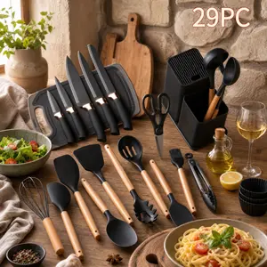 29-Piece Heat-Resistant Silicone Cooking Tools, Wooden Handle Utensil Set with Holder, Multi Colors for Daily Kitchen Use