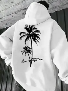 Men's Casual Solid Color Hoodie, Drawstring Pocket Long Sleeve Pullover, Letter Print Streetwear for Fall & Winter