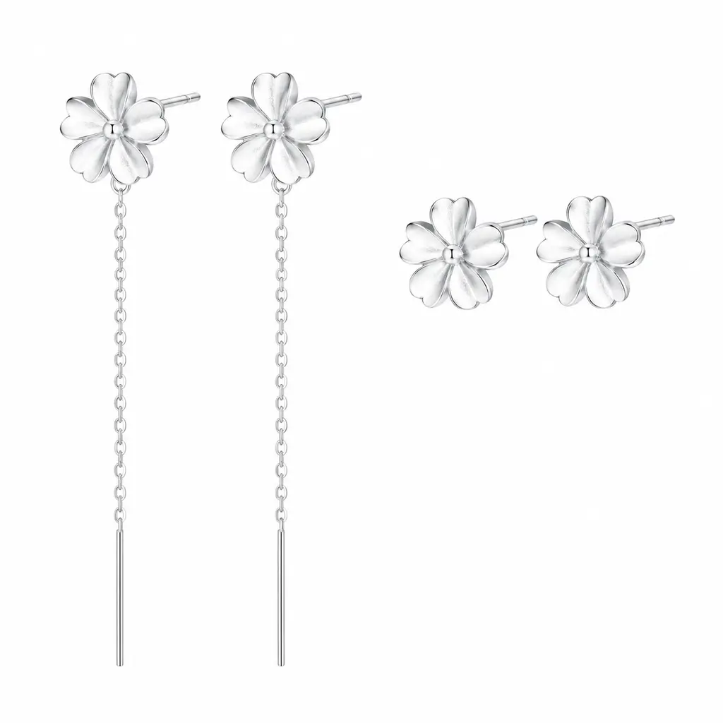 Women's 925 Sterling Silver Flower Adjustable Magnetic Ear Stud Earrings - 2-in-1 Convertible Drop Dangle, Hypoallergenic Rhodium Plated, Tarnish Free, Lightweight Crystal Tassel Threads for Sensitive Ears, Daily Elegant Wear, Magnetic Earrings