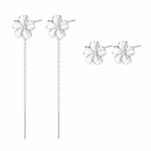 925 Sterling Silver Flower Earrings, 2-in-1 Magnetic Convertible Stud to Drop Dangle Earrings, Hypoallergenic Lightweight Floral Ear Threads for Women, Sensitive Ears Friendly Rhodium Plated Jewelry, Daily Elegant Wear