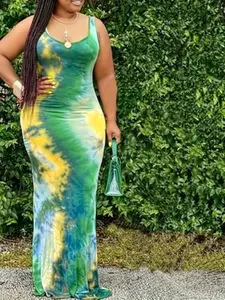 Summer Plus Size New Fashion Digital Print Tie Dye Ruched Sleeveless Halter Dress, Stylish and Comfortable Summer for Women, Boho Chic Dress