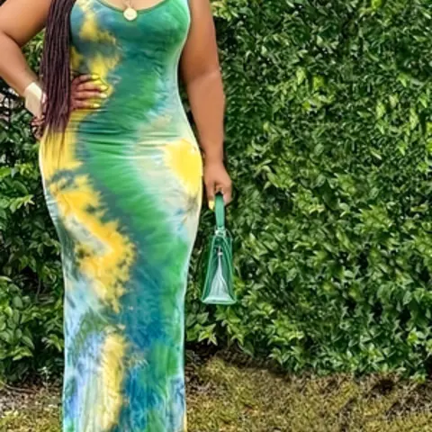 Summer Plus Size New Fashion Digital Print Tie Dye Ruched Sleeveless Halter Dress, Stylish and Comfortable Summer for Women, Boho Chic Dress, Bohemian Chic Casual, Bohemian Style Dresses