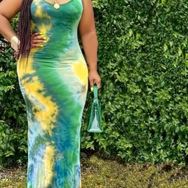 Summer Plus Size New Fashion Digital Print Tie Dye Ruched Sleeveless Halter Dress, Stylish and Comfortable Summer for Women, Boho Chic Dress, Bohemian Chic Casual, Bohemian Style Dresses