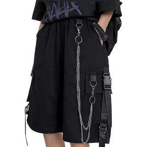 MEINVQIAOTI Black Cargo Pants for Women Street Harajuku Loose Straight Shorts Black Pants with Chains