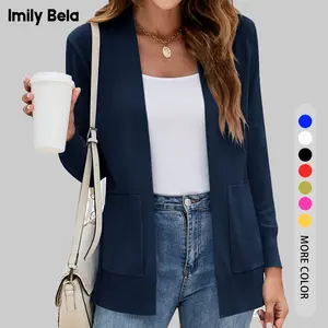 Imily Bela Essentials Womens Cardigan Sweater Long Sleeve Open Front Knit Cardigan Sweater with Pockets,Christmas Outfit Casual