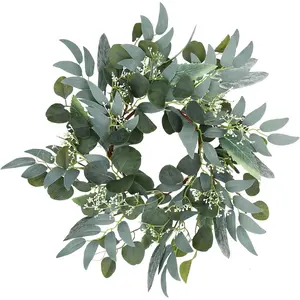 Artificial Green Eucalyptus Wreath 15 inches Greenery Wreath with White Flower Clusters Mini Spring Summer Wreath for Front Door Wall Window Decor