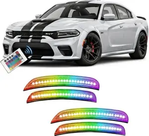 RGB LED Side Marker Lights for Dodge Charger, Charger widebody, Challenger, Challenger Widebody 2015+, Smoked Lens Front & Rear Bumper Fender Lights, Driver & Passenger Side, 4PCS