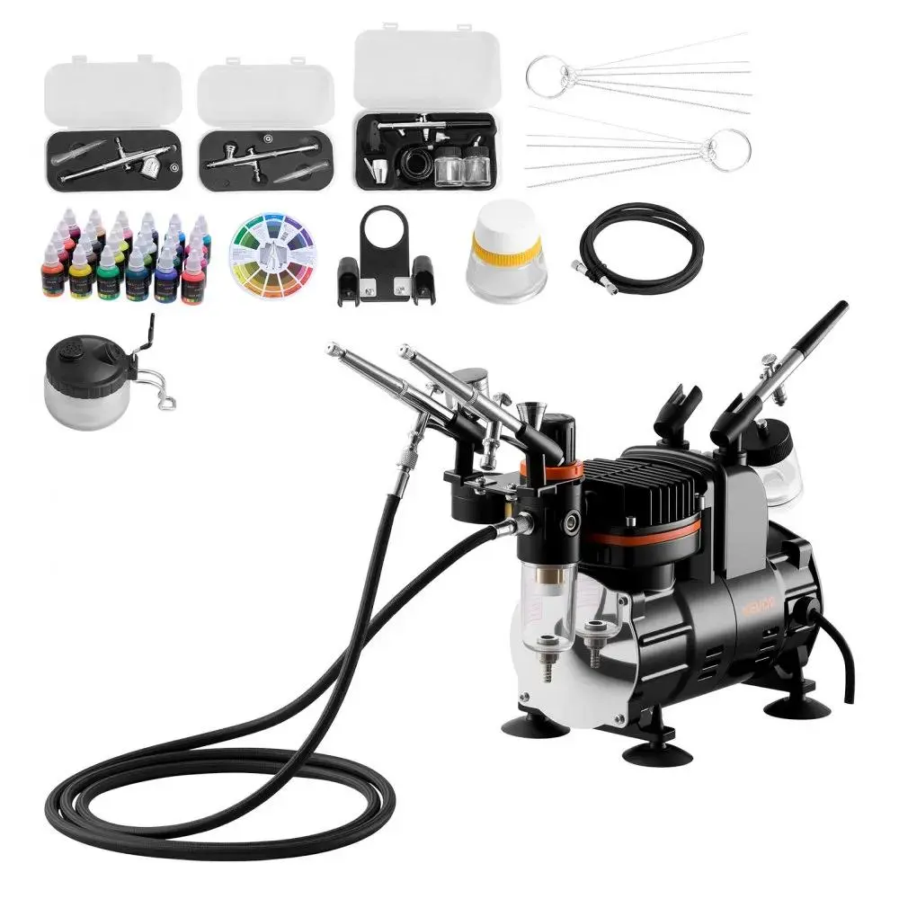 【Summerfinds】VEVOR Airbrush Kit, 1/6 HP, Air Brush Kit with Air Compressor, 3 Dual-Action Professional Airbrushes with 3 Tips, Hose, Acrylic Paint, Brush, Low Noise, for Cake Decorating, Model Painting, Nail Art