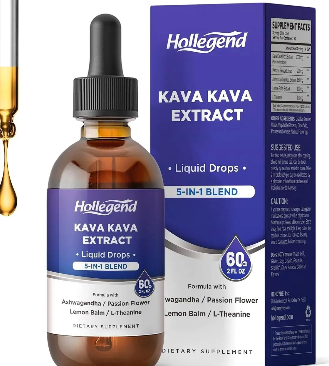 Kava Kava Root Extract Liquid Drops, 5 in 1 Blend with Ashwagandha, Lemon Balm, L-Theanine, Kava Tincture Supplement for Stress Relief, Sleep, Brain Health, 2 Fl Oz